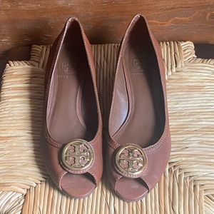 Tory Burch Brown Leather Peep Toe Wedges Size 8.5
